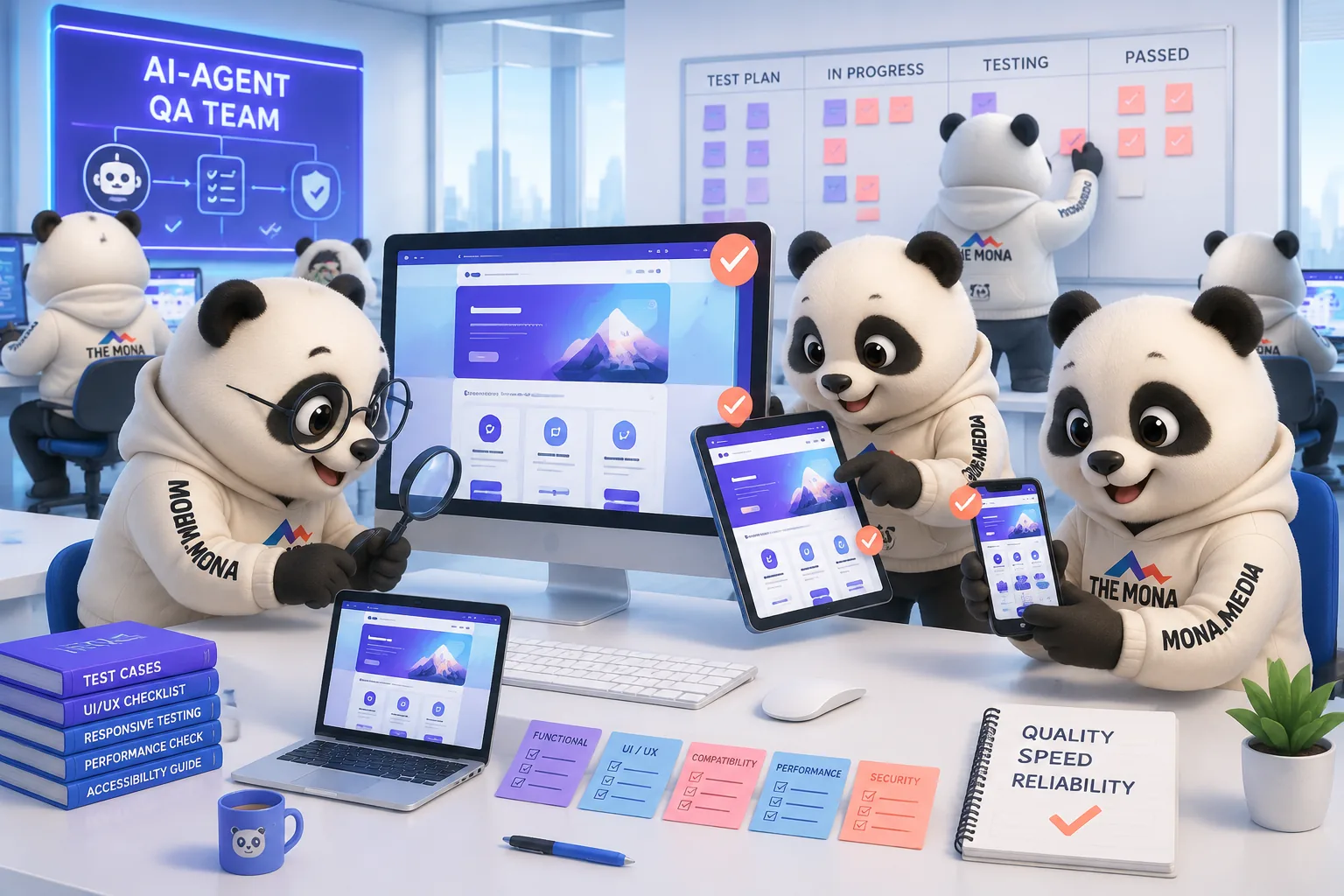Đội gấu MONA đang vận hành hệ thống AI trên nhiều màn hình trong phòng điều khiển
