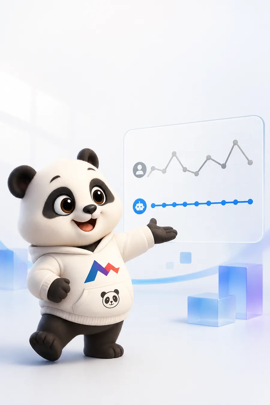 Gấu MONA chỉ vào biểu đồ so hai đường: đường người làm gấp khúc, đường máy chạy phẳng đều
