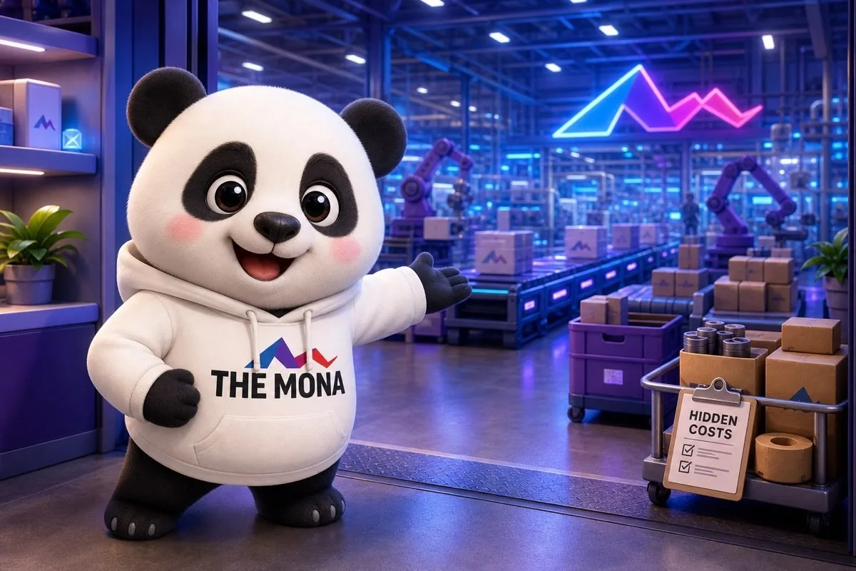 Gấu MONA đứng trước xưởng sản xuất, bên cạnh là xe hàng kẹp bảng kê chi phí ẩn