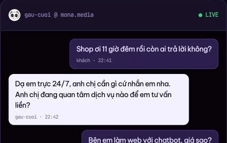 Gấu Cười trực lúc 22 giờ 41, trả lời khách hỏi về dịch vụ làm web ngay trên mona.media